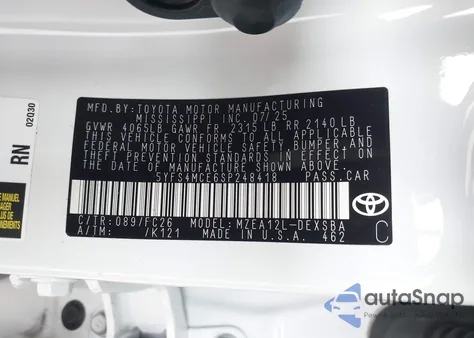 2025 Toyota Corolla Se из США, поврежденный, VIN 5YFS4MCE6SP248418